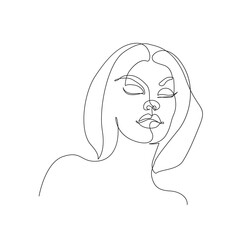 Continuous Line Drawing of Woman. Line Art Creative Concept Black Sketch Isolated on White Background. Female Fashion Illustration. Woman Face Abstract Drawing. Vector EPS 10