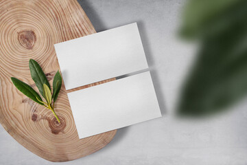 Clean minimal business card mockup on wooden plate with small leaves