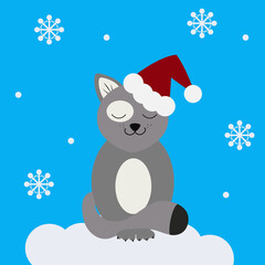 Fototapeta na wymiar Merry Christmas and Happy New Year greeting card design. Cute cat with beard and Santa hat. Vector illustration.