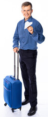 man with a suitcase in black trousers and a blue shirt. isolated white background