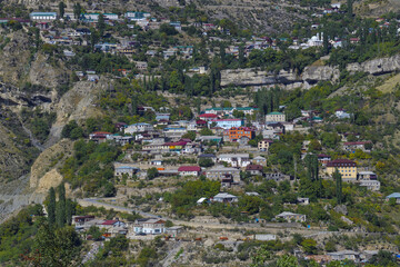 Fototapeta na wymiar View of the central part of the mountain village of Gunib on a sunny September day. Republic of Dagestan, Russia