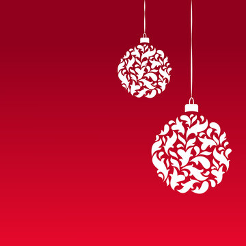 Red holiday background with ornate Christmas balls with floral ornament. vintage flat icon.