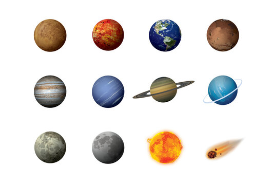 picture solar system planets. Astronomical observatory small planet pluto, venus mercury neptune uranus meteor crater and star universe astronaut sign. Astronomy galaxy space isolated set on white bac