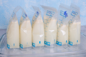bags with breast milk. Milk bank. Expressing breast milk. Breast-feeding. Freezing and storing...