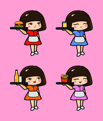 girls serve at cafe , uniform restaurant, waitress