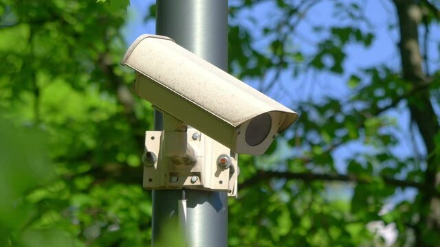 Security camera on the pole in 4k slow motion 60fps