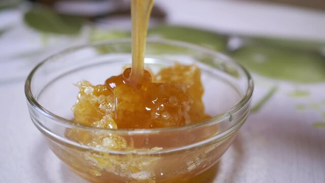 Thick Honey Pouring a Thick Jet from a Spoon in a Glass Bowl on a Honeycomb. Dense, transparent honey flows, dripping in bee combs, in a spiral. Healing, organic, healthy beekeeping product. 4K.