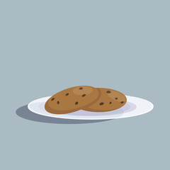 Glass saucer with chocolate chip cookies. Flat style. Elements for web designs.