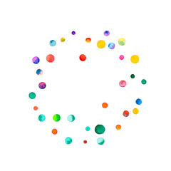 Watercolor confetti on white background. Actual rainbow colored dots. Happy celebration square colorful bright card. Nice hand painted confetti.