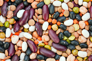 Beans color mix closeup on white