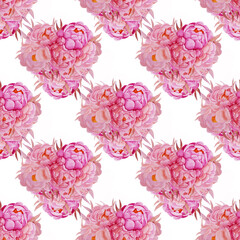 Heart made of flowers and petals watercolor painted pattern. Valentine's day pattern. Background for the holiday, wedding, valentine day, birthday, romantic design. Love delicate pink style