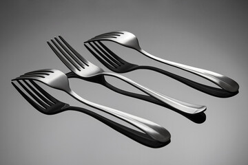 The forks lies on a gray glossy background. The middle fork lies with the tines up, the forks on...