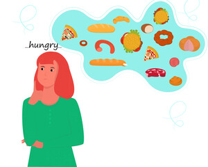 Vector poster with a hungry girl. Thoughts about food. Harmful food.
