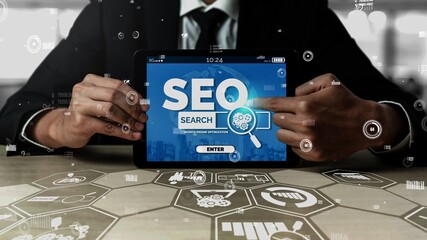 SEO - Search Engine Optimization for Online Marketing conceptual. Modern graphic interface showing...