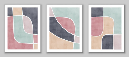 Set of trendy contemporary abstract creative minimalist hand painted compositions for wall decoration, postcard or brochure cover design in vintage style art. EPS10 vector.