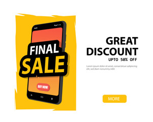 Final Sale via Smartphone with floating gift boxes aside, 3D web banner of online shopping