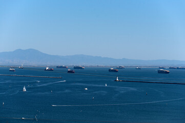 Cargo ships waiting to enter the Port of Los Angeles