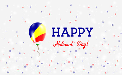 Seychelles National Day patriotic poster. Flying Rubber Balloon in Colors of the Seychellois Flag. Seychelles National Day background with Balloon, Confetti, Stars, Bokeh and Sparkles.