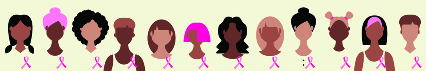 Vector graphics - banner - portraits of a large group of women with pink ribbons on their chests arranged in an isolated row. Concept - the fight against breast cancer