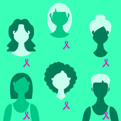 Vector graphic - women of different looks and races with a pink ribbon on their chest. Concept stop breast cancer