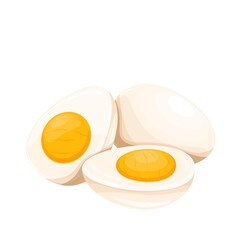Whole and two halves sliced Boiled Chicken eggs vector illustration.