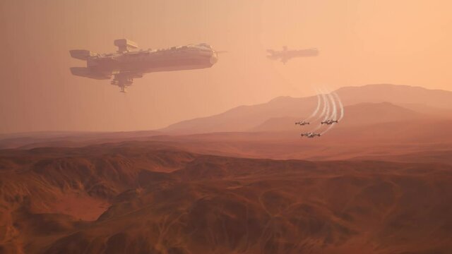 Futuristic concept of spaceships flying above the surface of the red planet.