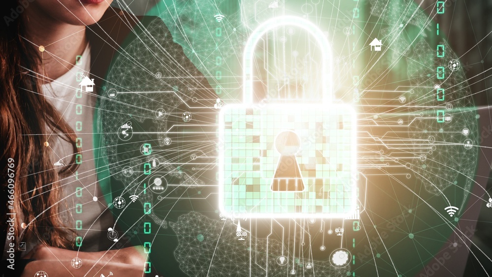 Poster cyber security encryption technology to protect data privacy conceptual . 3d render computer graphic