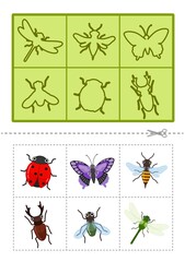 Educational  game for children. Find the right shadow. Cute cartoon  insects. Contour lotto for toddlers.
