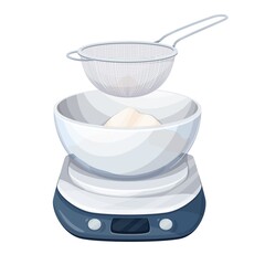 Sow flour through sieve into the cup kitchen scale. Vector illustration.
