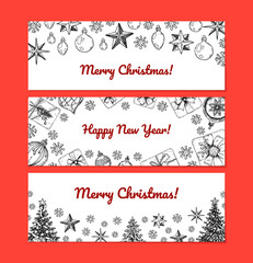 Set of hand drawn horizontal Happy New Year and Merry Christmas greeting cards with stars and Christmas trees. Vector illustration in sketch style