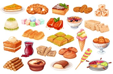Turkish cuisine traditional dishes. Baklava, bagel simit, halva, rahat locum and ets. Sweet oriental delight vector illustration.