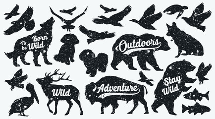 Vintage retro animals set outdoor adventure silhouette wild life