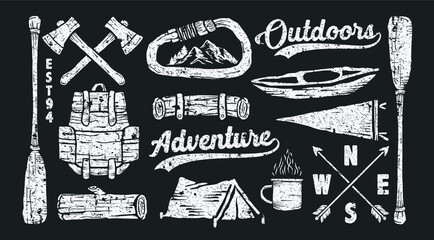 Vintage retro hiking camping outdoor adventure logo icon element set