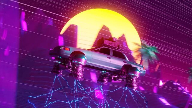Futuristic synthwave with a fancy car. Night cityscape. Time machine.