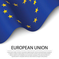 Waving flag of European Union on white background. Banner or ribbon template for independence day