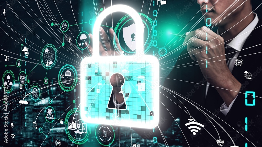 Poster cyber security encryption technology to protect data privacy conceptual . 3d render computer graphic