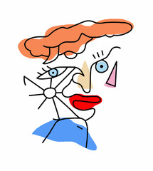 Abstract surreal illustrated face of geometric shapes painted in pop colors.Isolated on a white background.