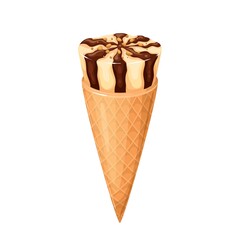 Ice cream waffle cone mix chocolate vanilla with nuts vector illustration.