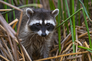 Raccoon sits in the grass in the evening. Wildlife photography. 