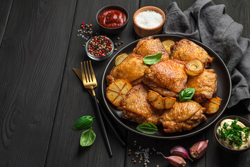 Juicy chicken thighs in a black plate on a dark background with sauces and garlic. Side view, horizontal.
