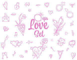 Love vector Set for a St Valentine's Day, wedding, engage. Vector elements: heart, toys, bouquets of flowers.