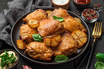 Chicken thighs with fried garlic and onions in a black plate on a dark background. Side view, close-up.