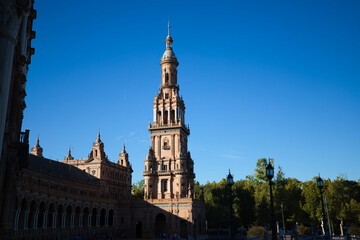 Detail of a tower in a square in the city of Seville in Spain.