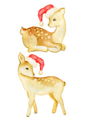 Watercolor cute Christmas deer in red caps isolated on a white background