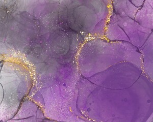 Abstract grey purple pink alcohol inks background with gold metal glitter 