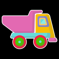 Colored plastic dump truck. Toy sticker on a black background.