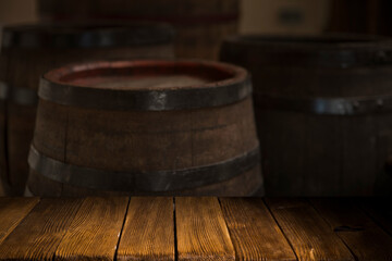 background of barrel and worn old table of wood
