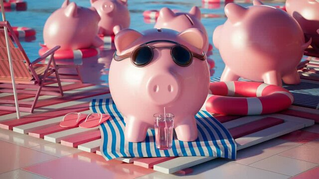 A piggy bank in sunglasses in the relaxation zone in the swimming pool. Savings.