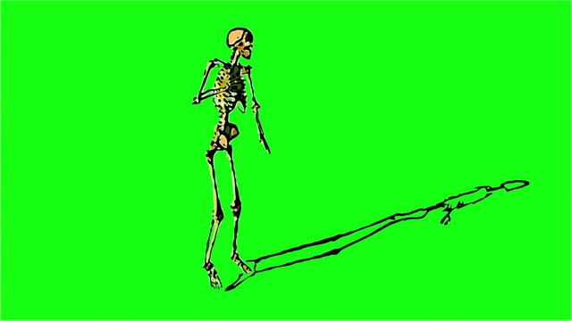 2d animation in comic style  of skeleton wiht chest pain and barfing - seperated on green screen