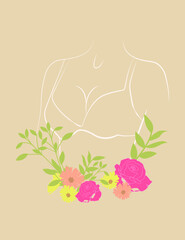 A banner of a beauty and women's health salon in a fashionable natural shade. Illustration of female body with flowers and leaves